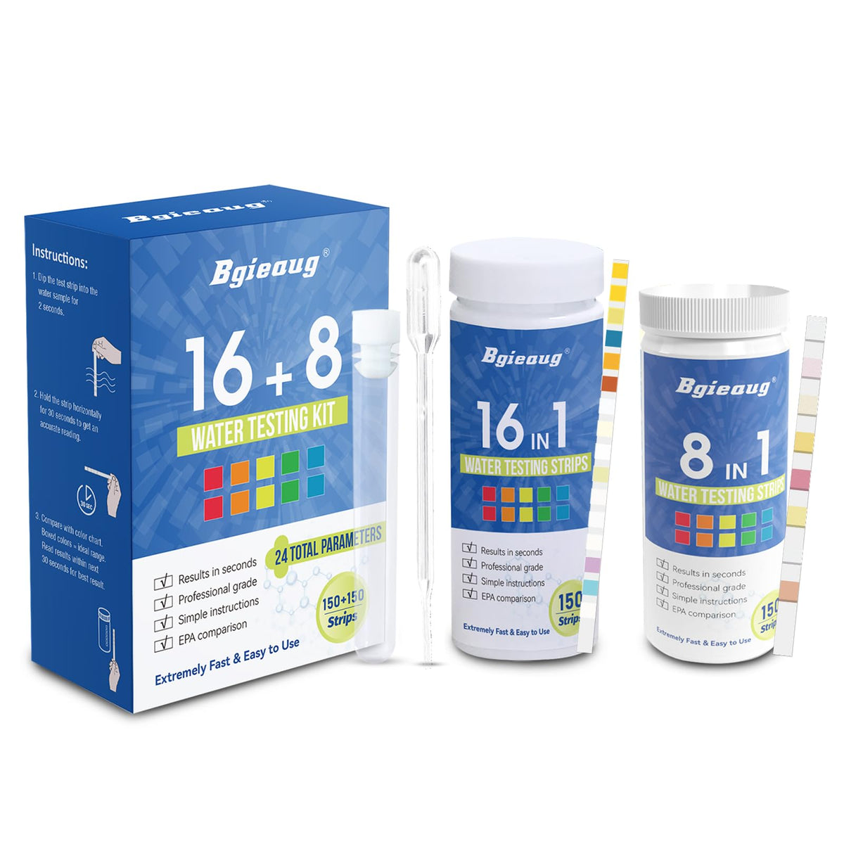 Bgieaug 24-in-1 water test strips kit for quick home results.
