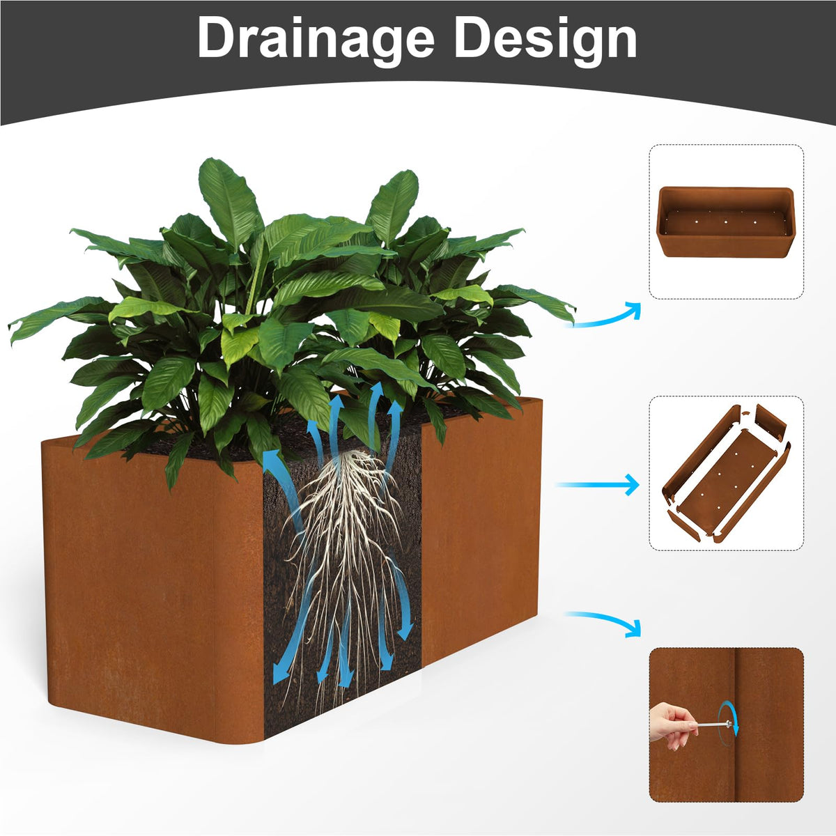 BHCORTEN large rectangular planter ready for outdoor display of tall plants.
