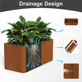 BHCORTEN large rectangular planter ready for outdoor display of tall plants.