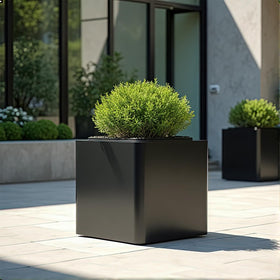 BHCORTEN planter side view emphasizes sturdy silhouette for patios.