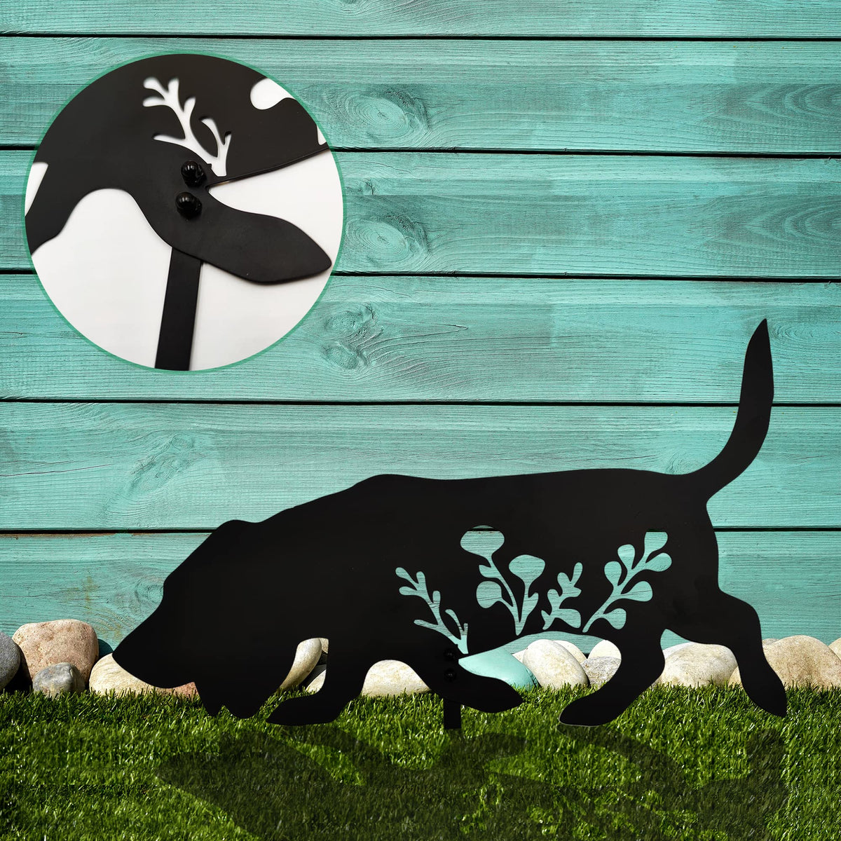 Biagift Basset Hound sculpture in black finish suits patios and lawns.