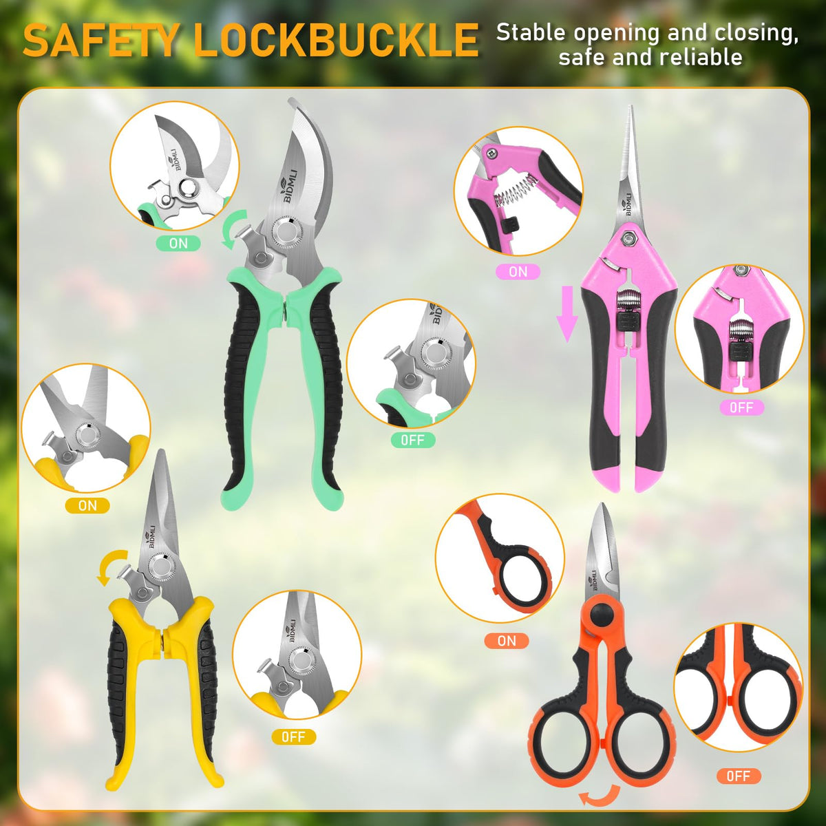 BIDMLI spring-assisted cutting design reduces effort and eases cuts during long gardening sessions.
