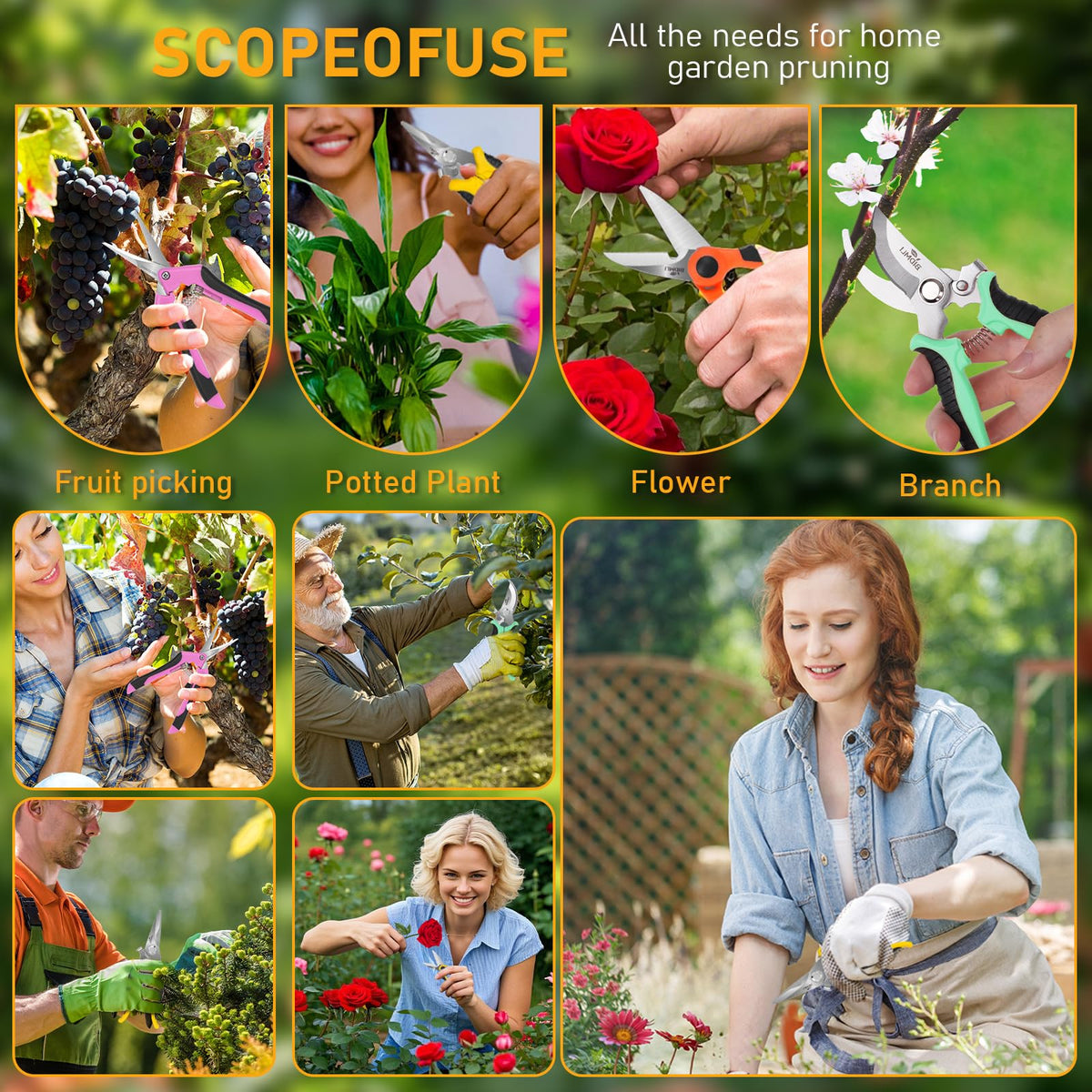 BIDMLI stainless steel pruning shears highlight robust blades for clean cuts in floral and fruit tasks.