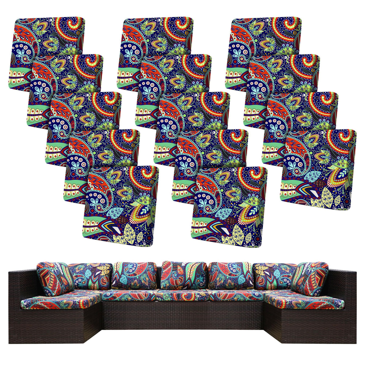 BIETYONE 14pc stretch cushion covers on rococo set for patio use, flexible fit.