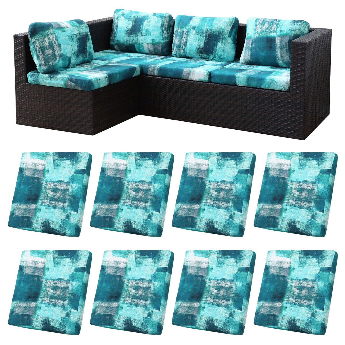 BIETYONE eight-pack turquoise stretch cushion covers for patio cushions.