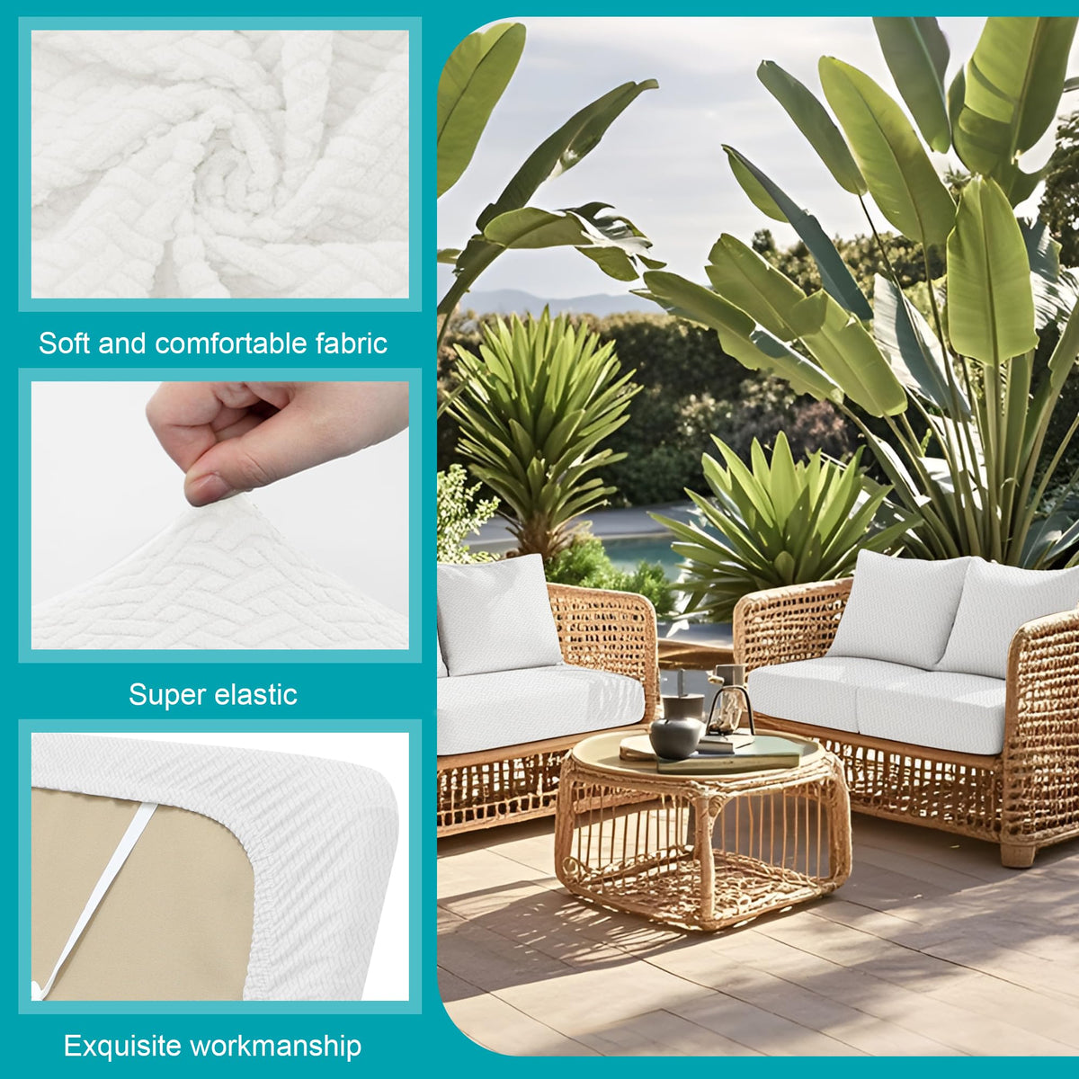 BIETYONE outdoor cushion covers shown on a sofa with elastic fit for varied shapes