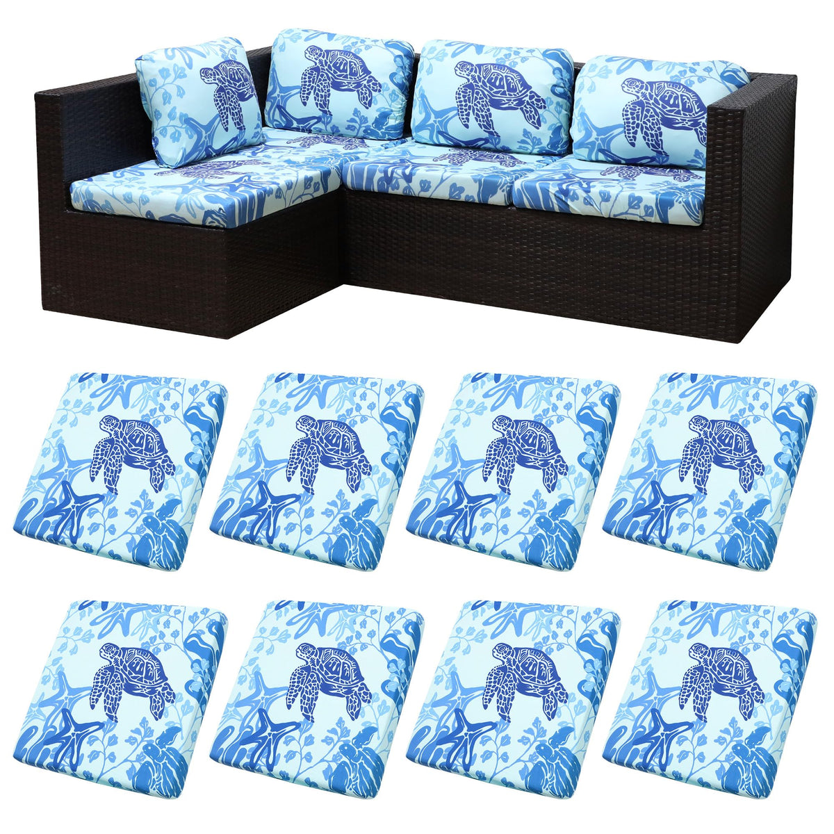 BIETYONE Sea Turtle cushion cover packaging for eight pieces, ideal for replacing patio cushions.