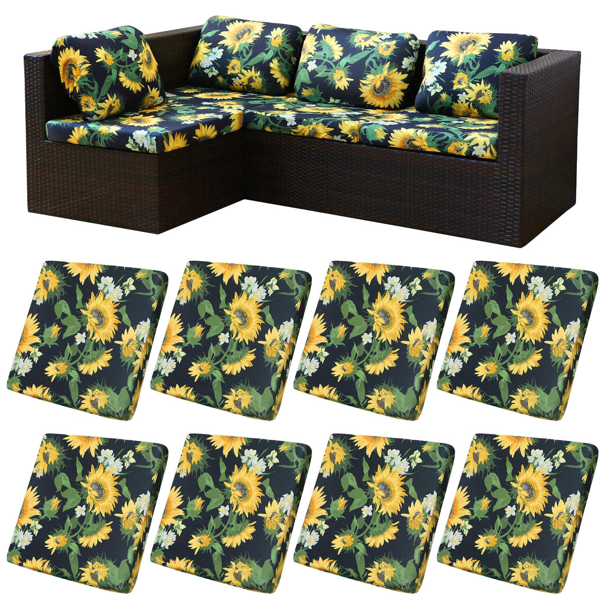 BIETYONE sunflower stretch cushion cover front view shows durable soft fabric for outdoor furniture.