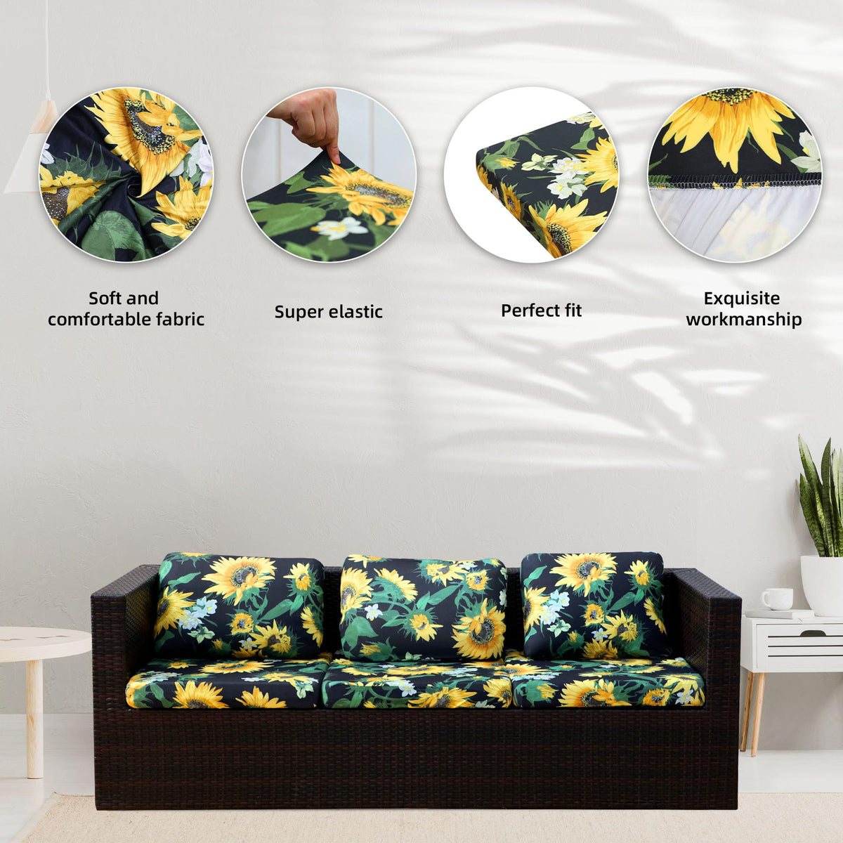 BIETYONE sunflower stretch cushion cover packaging image emphasizing convenient eight-piece set.
