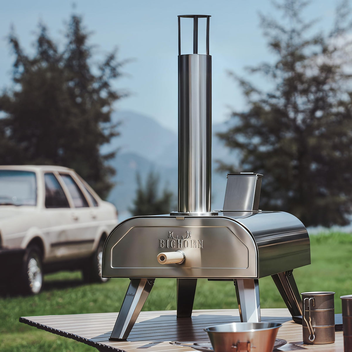 BIG HORN dual-fuel oven with pellet hopper close-up for easy refueling