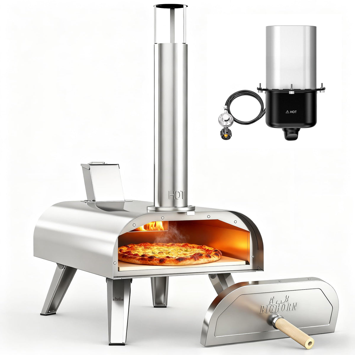 BIG HORN OUTDOORS 12in pizza oven front view showing portable design for backyard gatherings