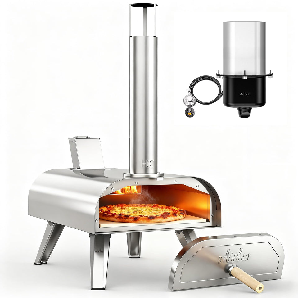 BIG HORN OUTDOORS 12in pizza oven front view showing portable design for backyard gatherings