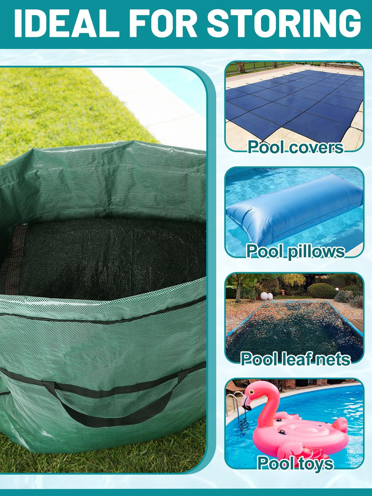 Biggun green storage bag blending with pool area while organizing gear