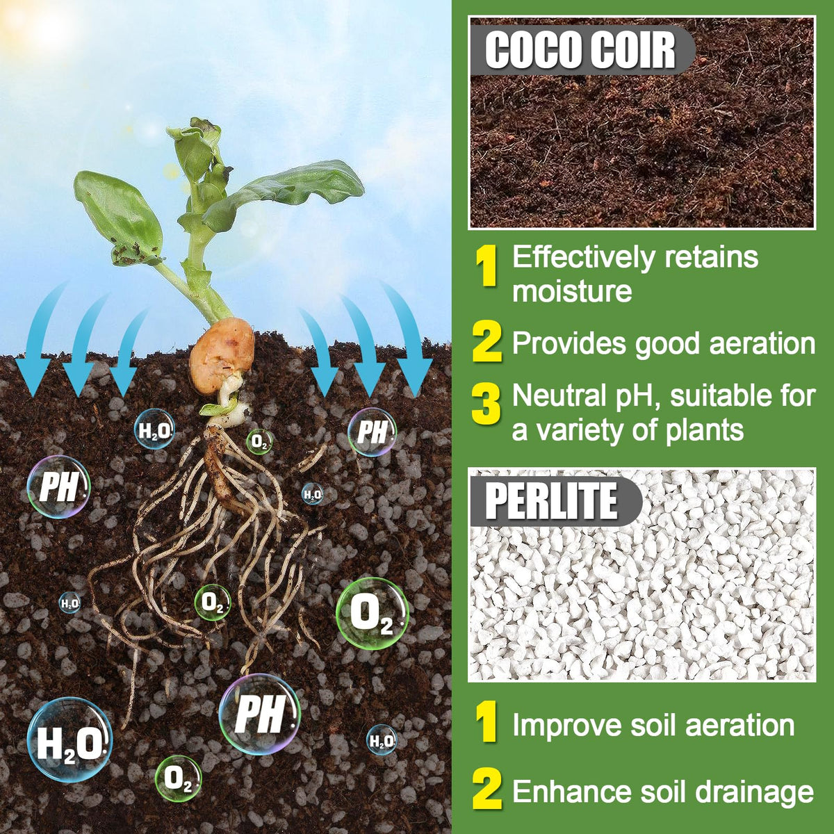 Texture close-up of Bigmeta Coco Coir Perlite Mix showing airy granules