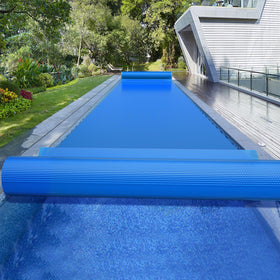 Ideal for in-ground pools, blue 16-mil cover blends outdoors.