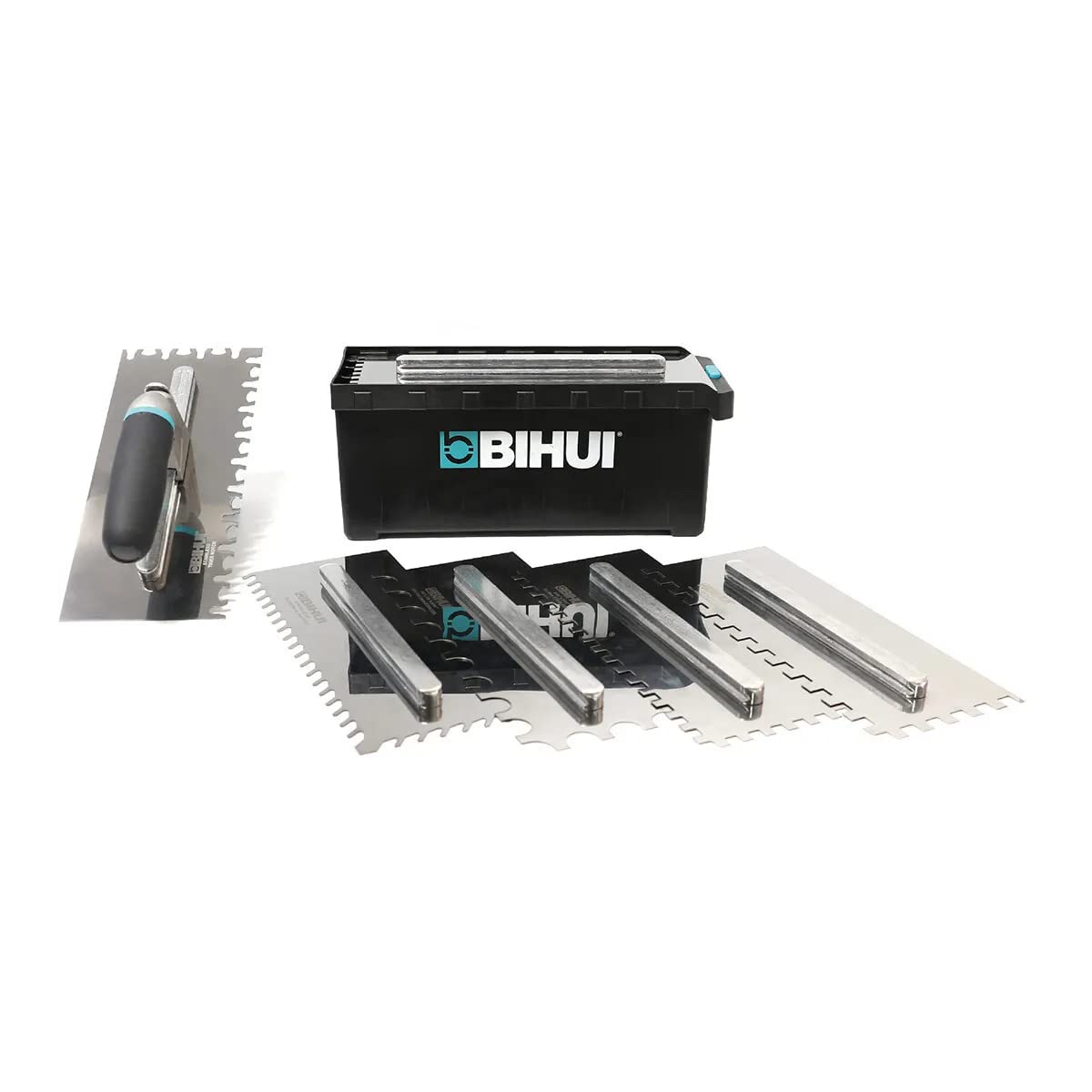 Bihui 8-piece tile trowel set with storage box for organized on-site use.
