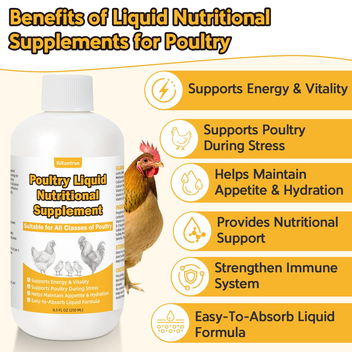 BiKontrun liquid supplement mixed with drinking water supports flock hydration.
