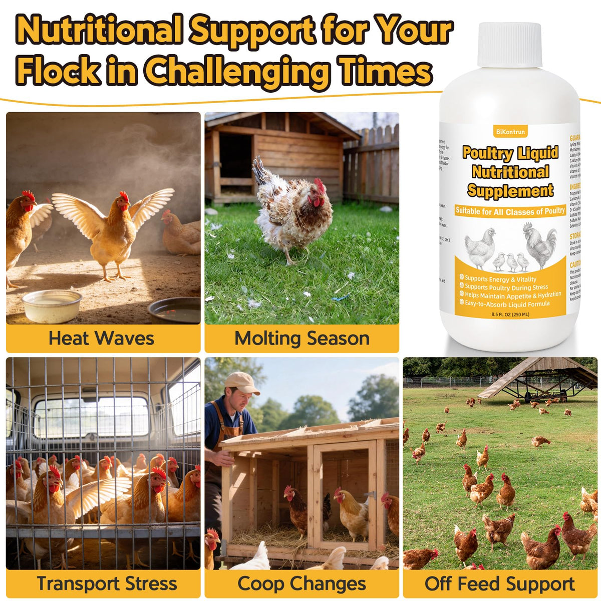 BiKontrun bottle supports poultry during transport and relocation.