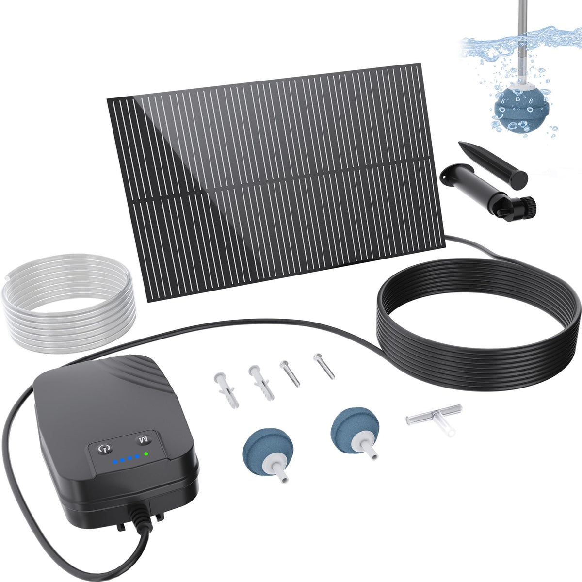 Biling solar pond aerator in outdoor setup improves oxygenation and water circulation.
