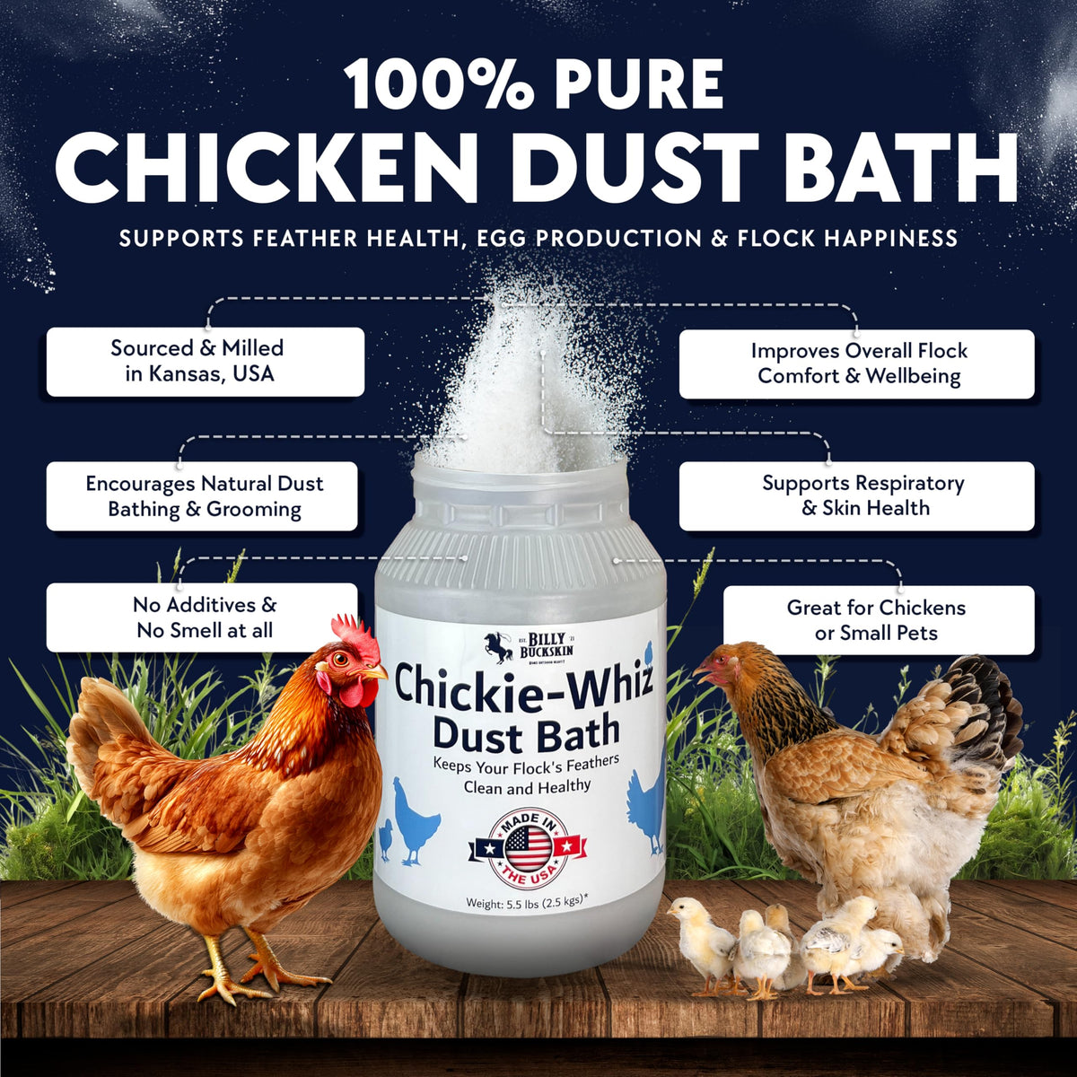 Billy Buckskin Chickie Whiz dust bath container ready for coop hygiene and grooming routines.