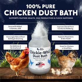 Billy Buckskin Chickie Whiz dust bath container ready for coop hygiene and grooming routines.