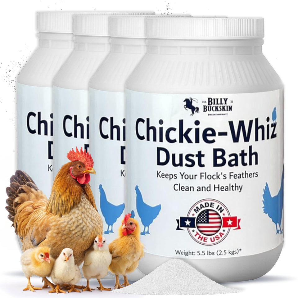 Billy Buckskin Chickie Whiz dust bath powder used for natural pest control and hygiene.