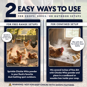 Billy Buckskin Chickie Whiz promotes healthier feathers and comfortable dust bathing.