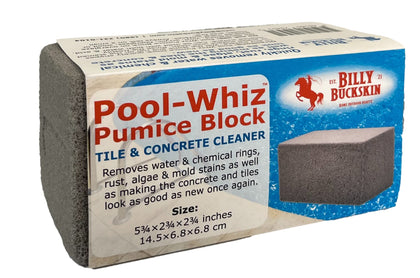 Billy Buckskin Pool Whiz pumice block cleaner removes stains from pool surfaces.
