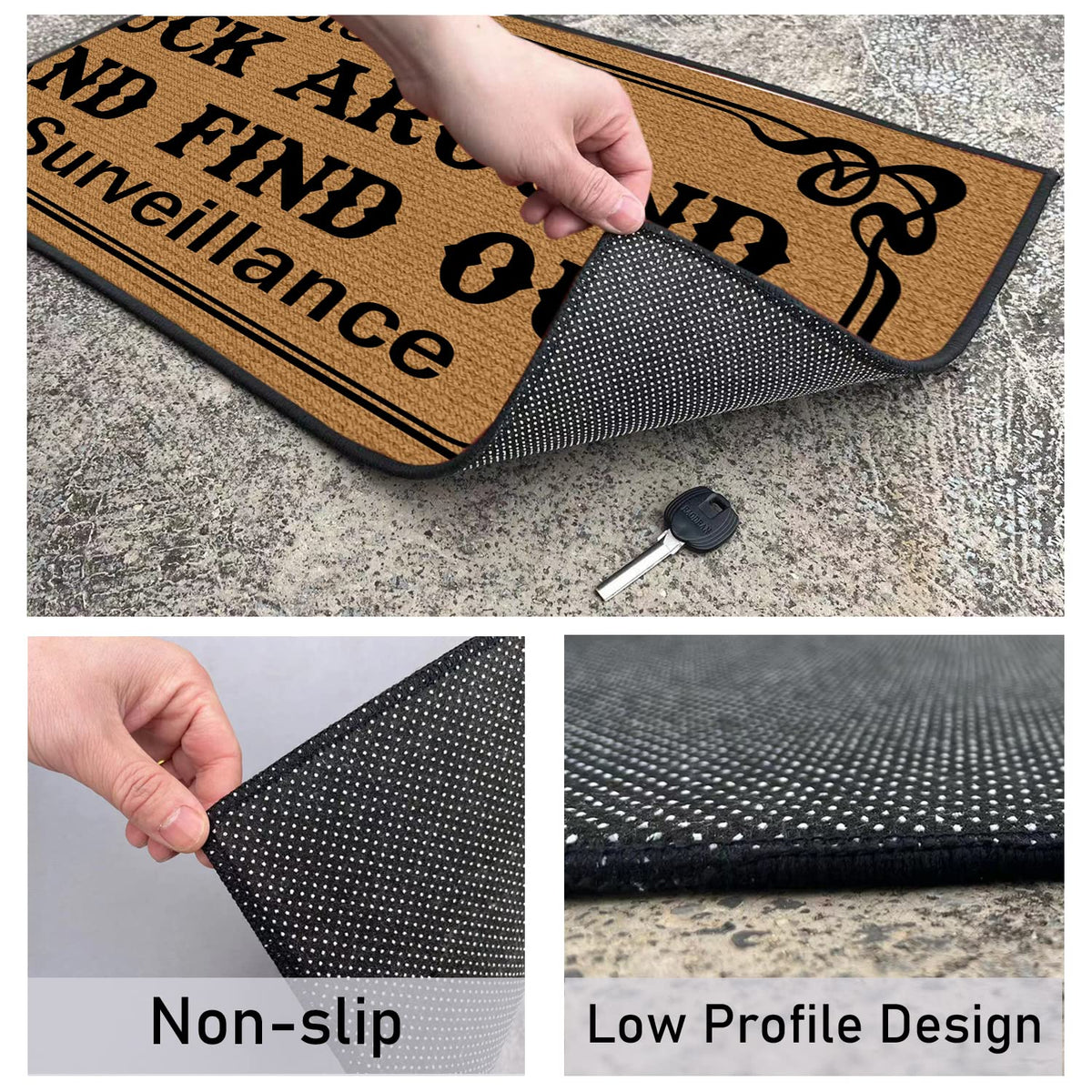 BinHang large 30x18 inch mat fits standard doors and stays flat.