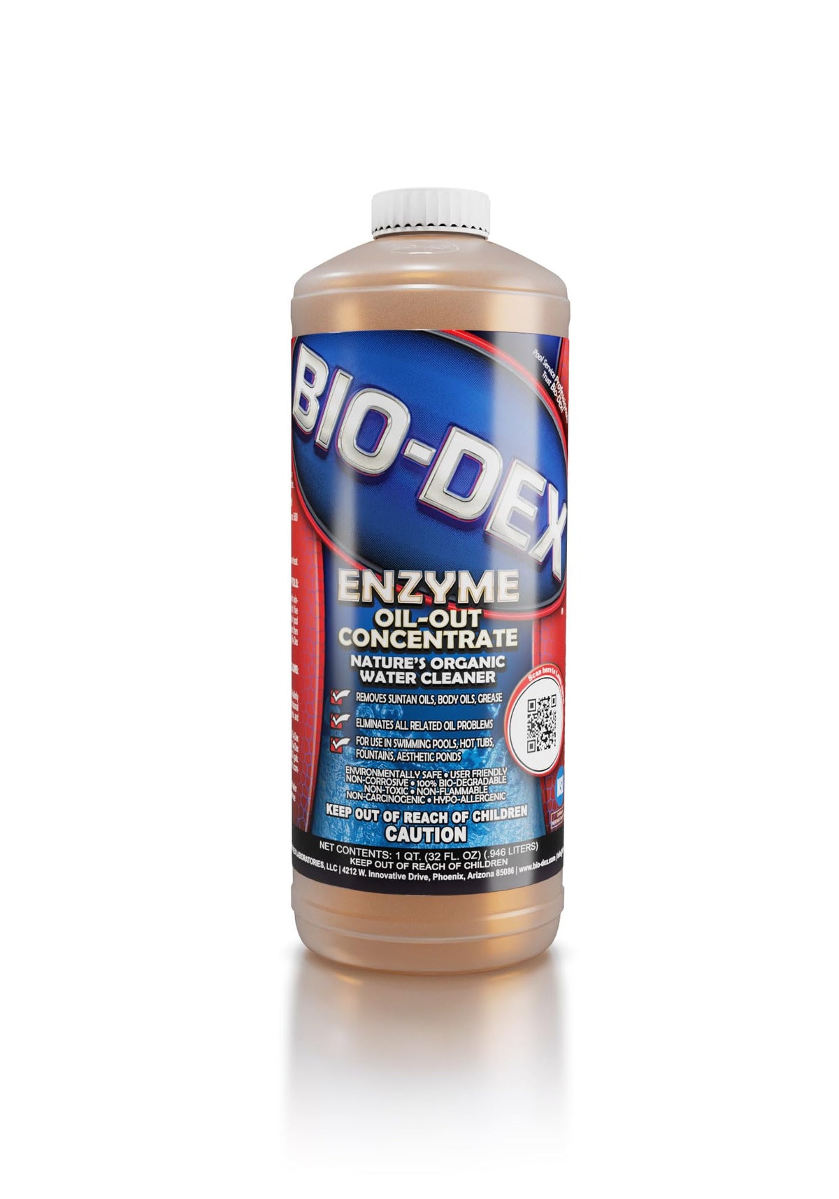 Bio-Dex Enzyme Oil Out bottle pour shows oil removal for clearer pool water and easier filtration
