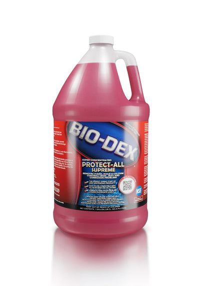 Bio-Dex Protect-All Supreme scale bottle—helps prevent mineral buildup and supports pool water balance.