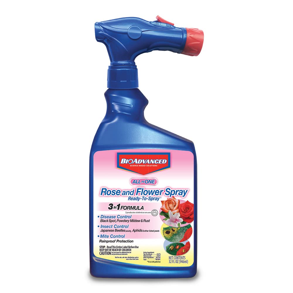 BioAdvanced All-In-One rose and flower spray bottle ready for garden protection.
