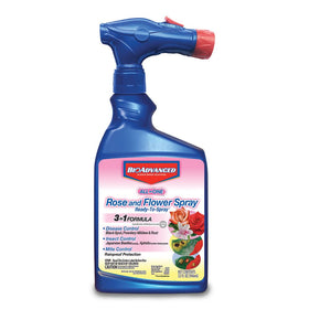 BioAdvanced All-In-One rose and flower spray bottle ready for garden protection.