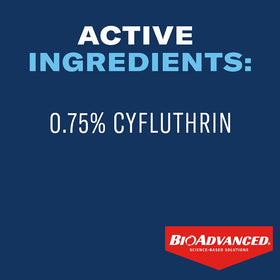 Close-up of bottle label with 0.75% cyfluthrin for outdoor pest control.