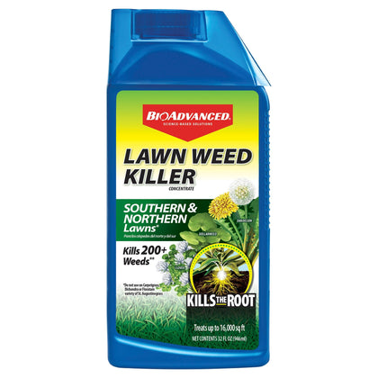 BioAdvanced Lawn Weed Killer bottle showing 32 oz size for large lawns up to 16,000 sq ft.
