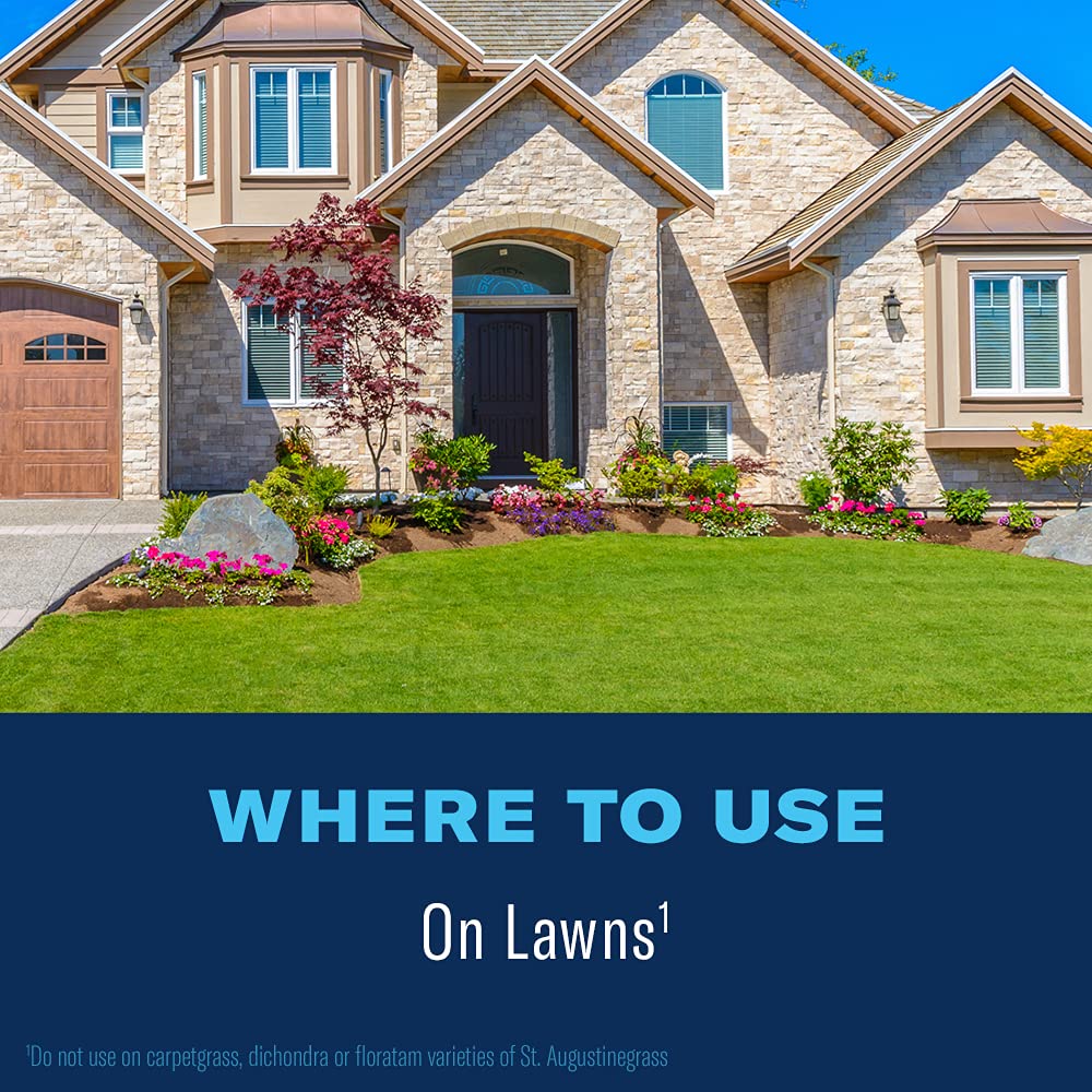 BioAdvanced lawn treatment emphasizing rainproof protection within one hour.