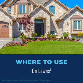 BioAdvanced lawn treatment emphasizing rainproof protection within one hour.