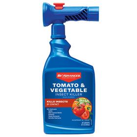 BioAdvanced tomato and vegetable pest control bottle targets aphids and other garden pests for healthier harvest.
