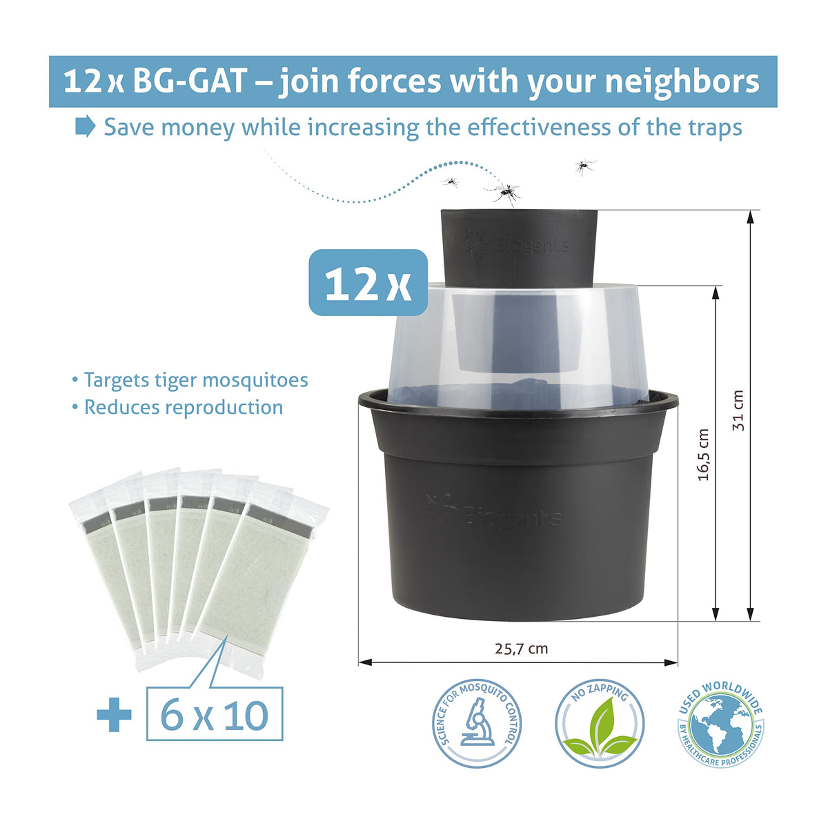 Biogents GAT2 trap side view illustrating compact non-electric design for patios