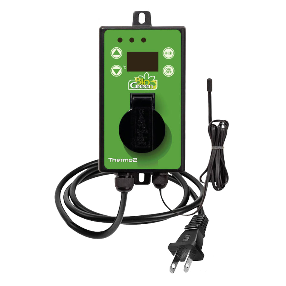 BioGreen Thermo2 thermostat front display shows precise readings for greenhouse control
