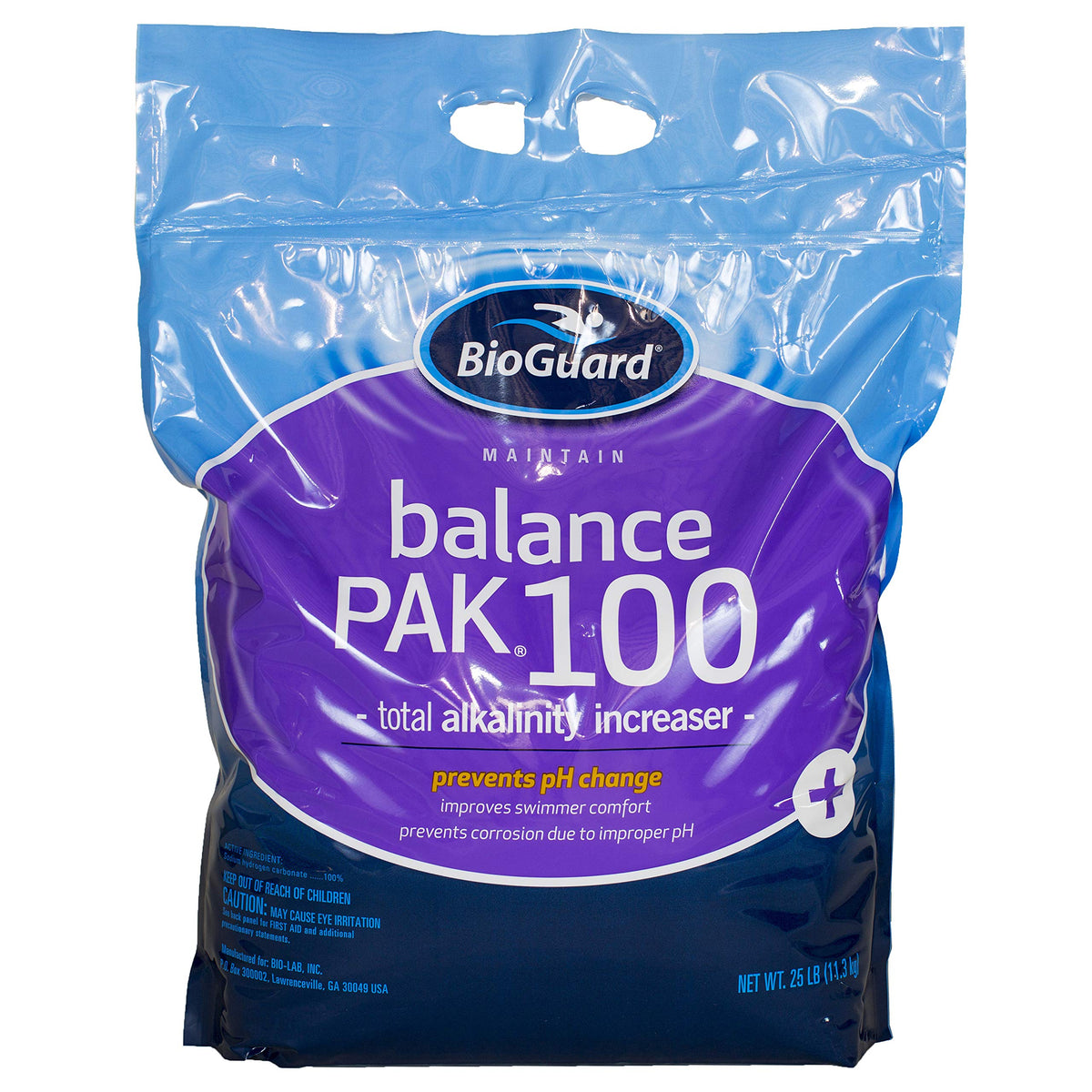 BioGuard Balance Pak 100 bag dissolving in pool water to stabilize pH and protect surfaces.