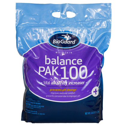 BioGuard Balance Pak 100 bag dissolving in pool water to stabilize pH and protect surfaces.