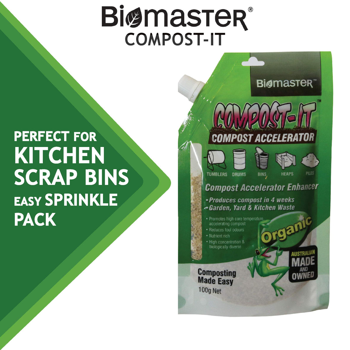 Biomaster Compost-It kitchen-bin use reduces odors and speeds composting.