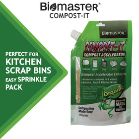 Biomaster Compost-It kitchen-bin use reduces odors and speeds composting.