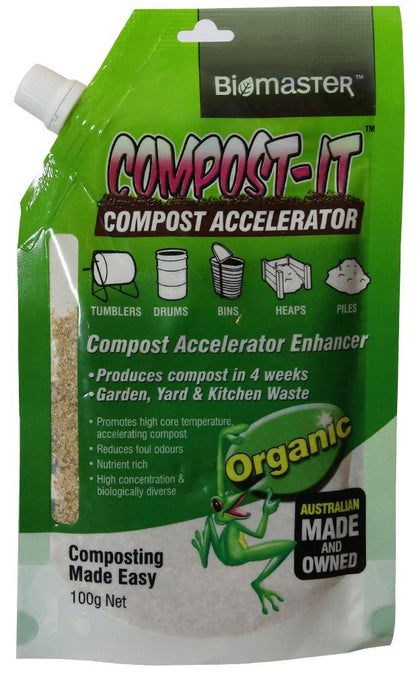 Biomaster Compost-It spout pack visual demonstrates an easy starter for quick nutrient-rich compost.