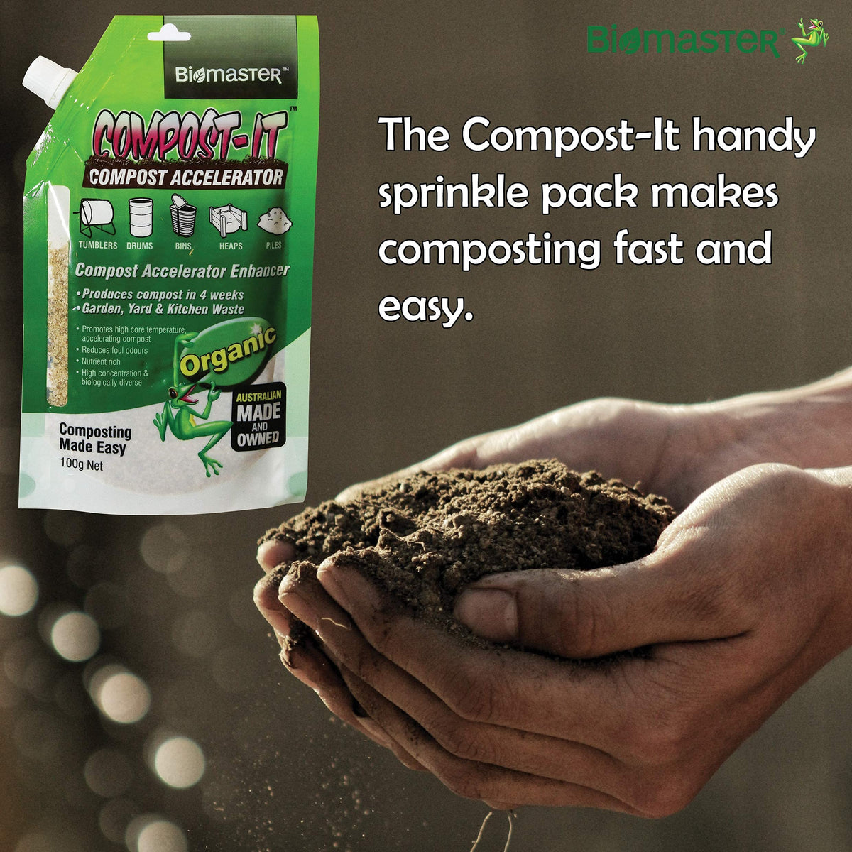 Biomaster Compost-It worm-farm friendly activator supports worm bins.