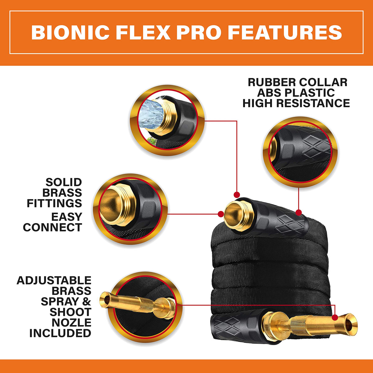 Bionic Flex Pro brass fittings close-up demonstrate crush-resistant durability.