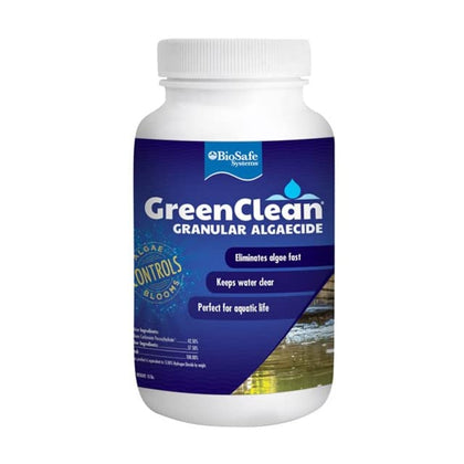 BioSafe Systems GreenClean Granular Algaecide bucket provides safe, fast-acting pond algae control.