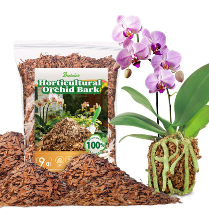 Biotolot 9qt orchid bark bag close-up showing uniform screening for healthy roots