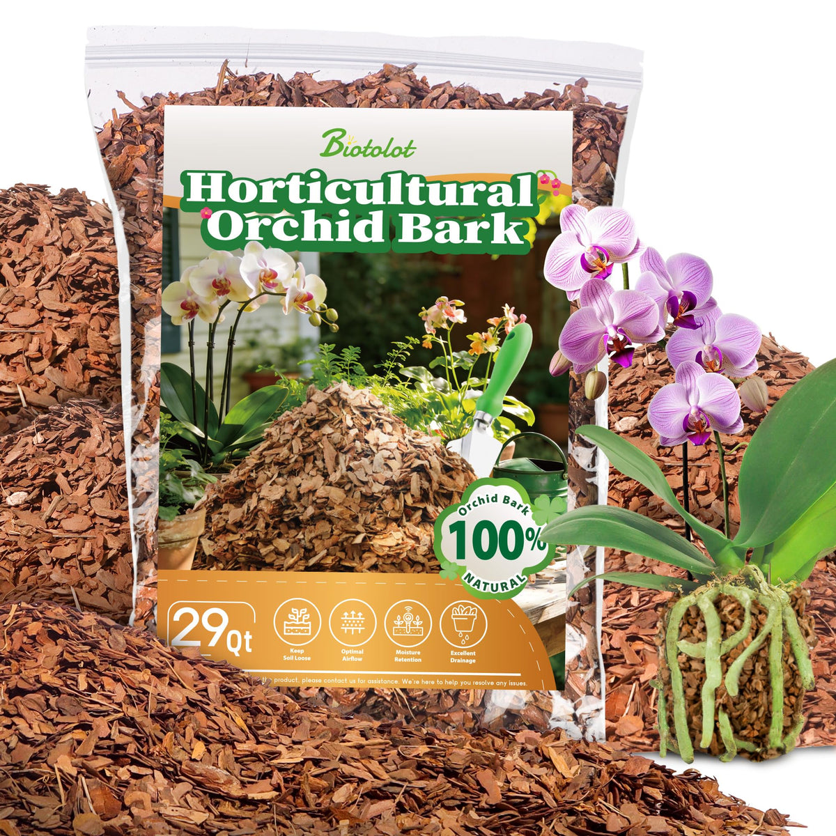Biotolot Orchid Bark 29qt packaging ready for orchid potting and garden use.